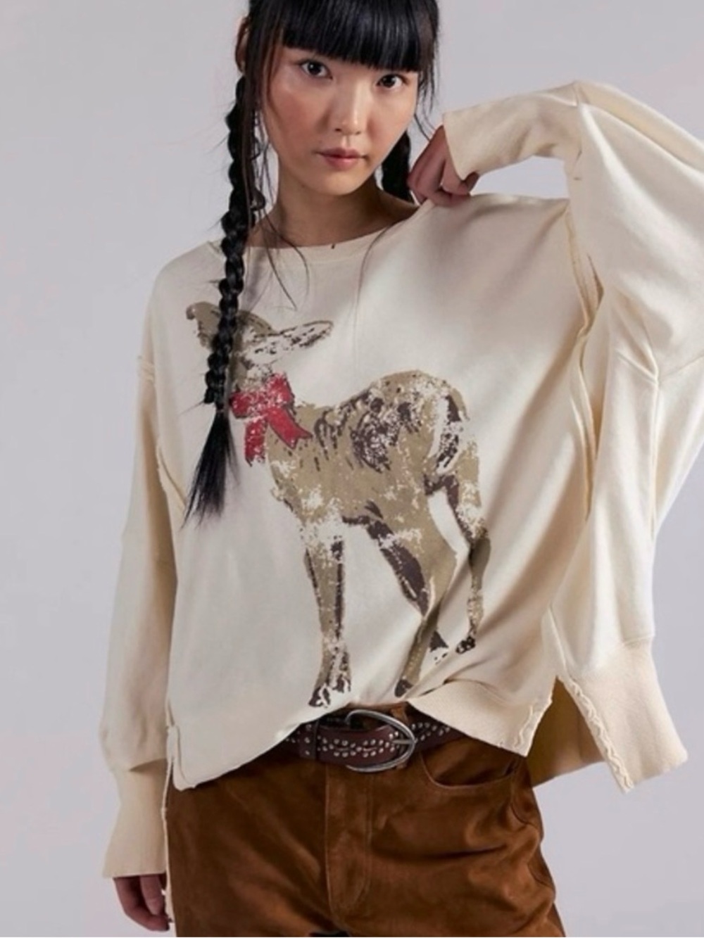 NWT Free People We The Free Graphic Camden Pullover Deer Combo sz XS (oversized)